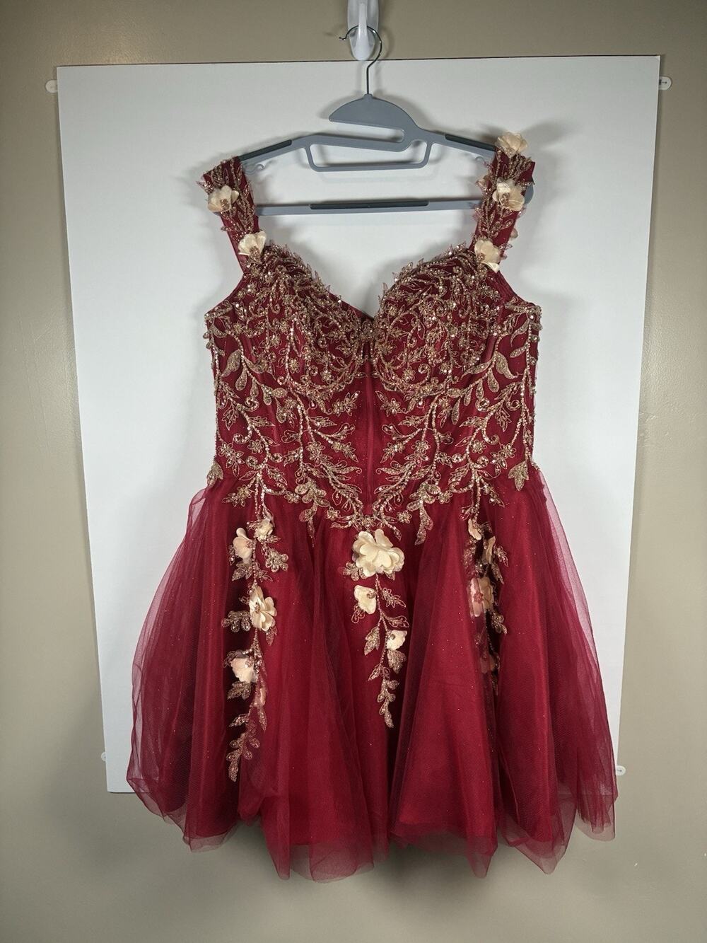 Cinderella Divine 3XL Burgundy Gold Applique Tulle Homecoming Prom Dress Formal